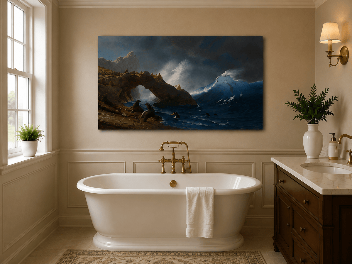 Peinture à l'huile de paysage - Village côtier avec phare et coucher de soleil