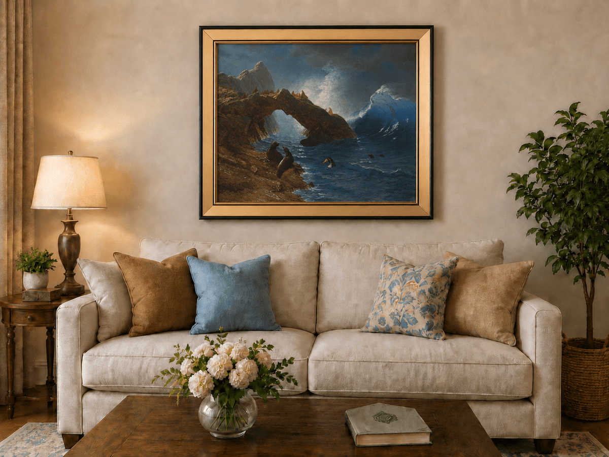 Peinture à l'huile de paysage - Village côtier avec phare et coucher de soleil