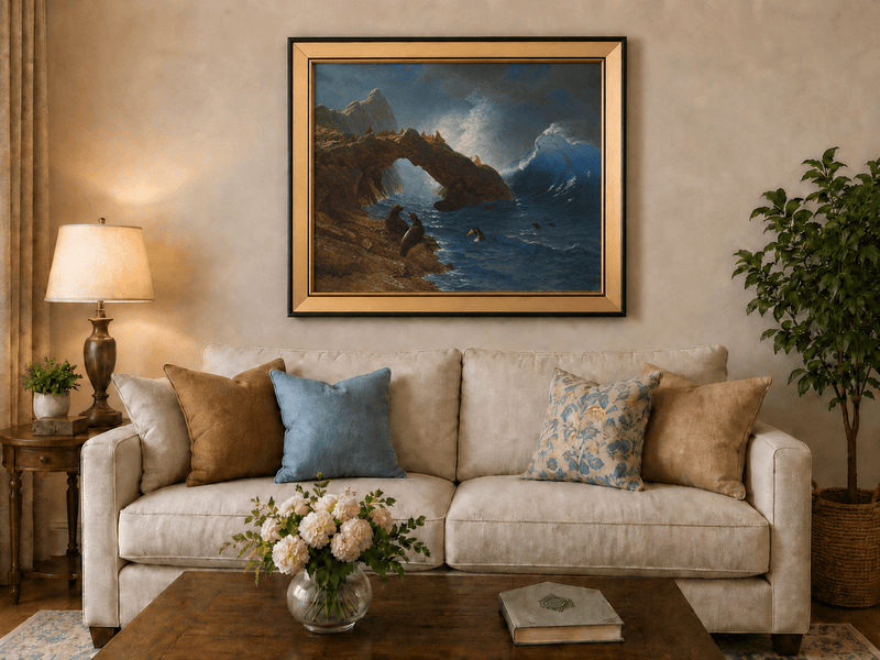 Peinture à l'huile de paysage - Village côtier avec phare et coucher de soleil
