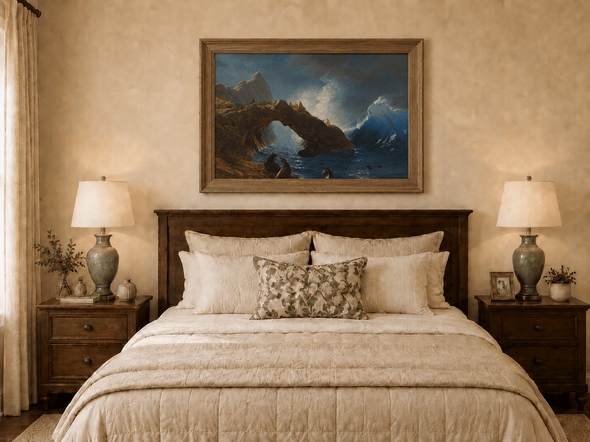 Peinture à l'huile de paysage - Village côtier avec phare et coucher de soleil