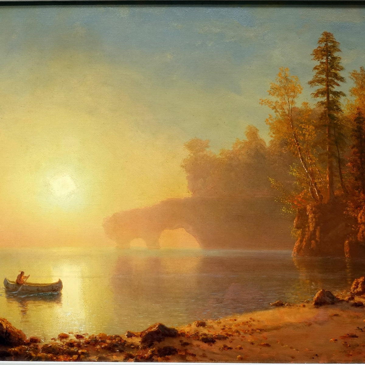 Landscape Oil Painting - Hand-Painted Sunset Lake Canoe Scene