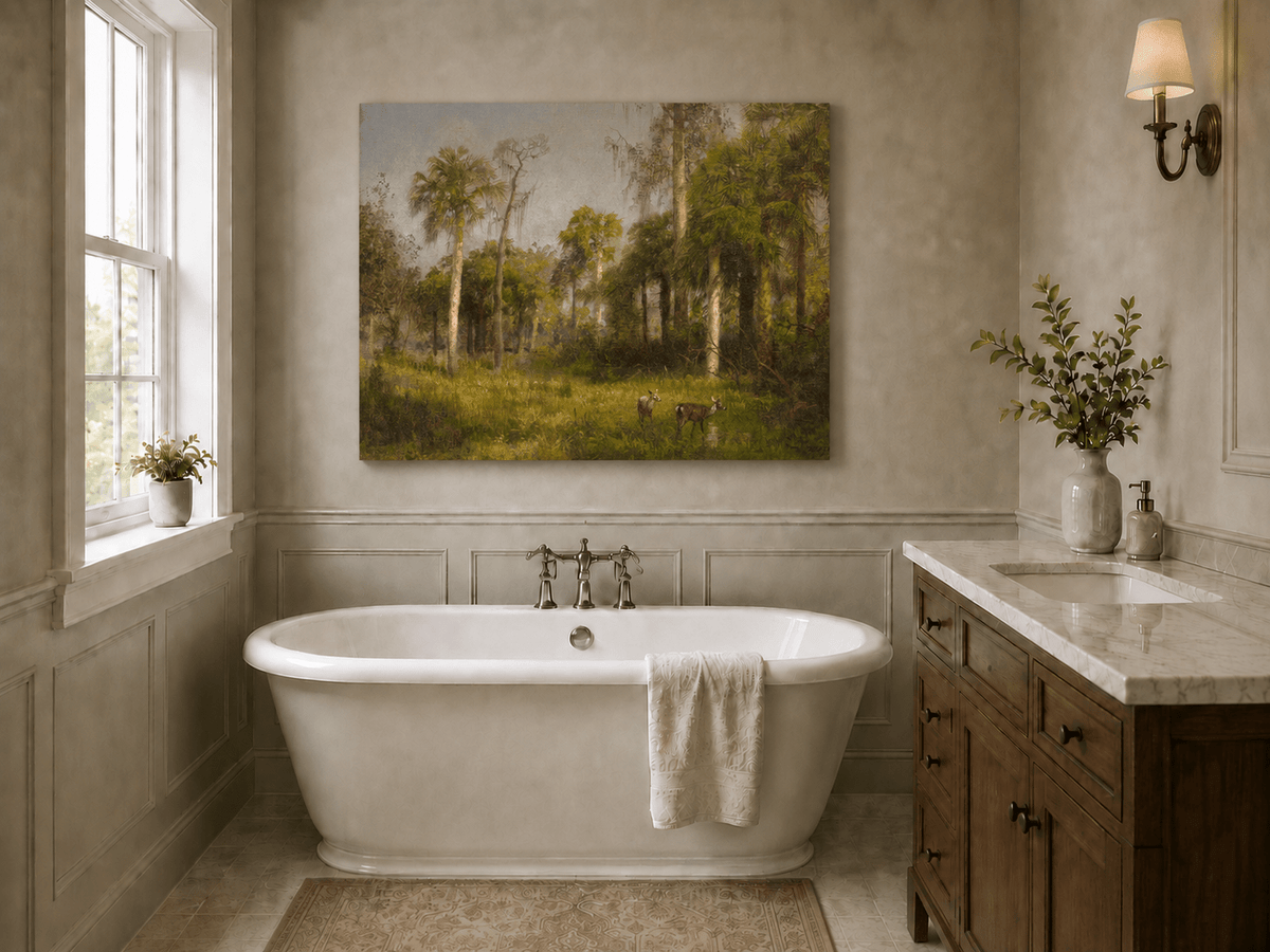 Landscape Oil Painting - Hand-Painted Tropical Deer Grove Scene
