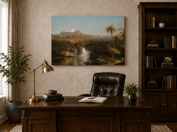 Interior wall art view featuring a hand-painted tropical waterfall oil painting.