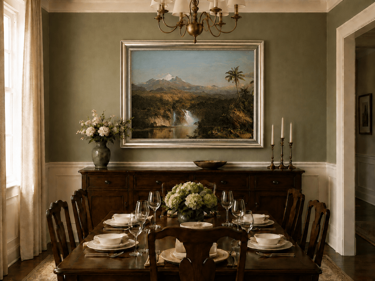 Tropical waterfall oil landscape artwork shown in a styled home interior.