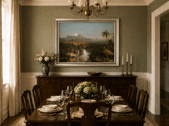 Tropical waterfall oil landscape artwork shown in a styled home interior.