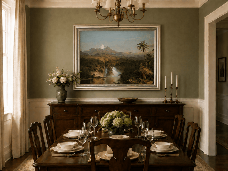 Tropical waterfall oil landscape artwork shown in a styled home interior.