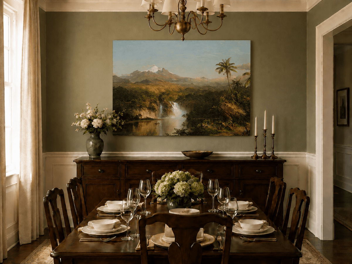 Hand-painted tropical waterfall landscape artwork in an interior display.