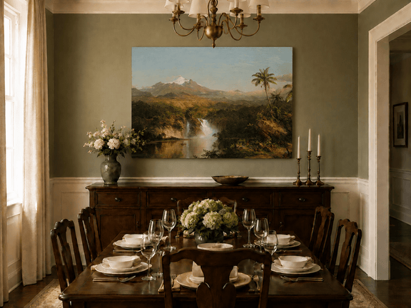 Hand-painted tropical waterfall landscape artwork in an interior display.