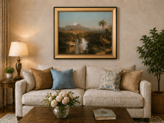 Tropical waterfall view landscape oil painting displayed in a styled home interior.