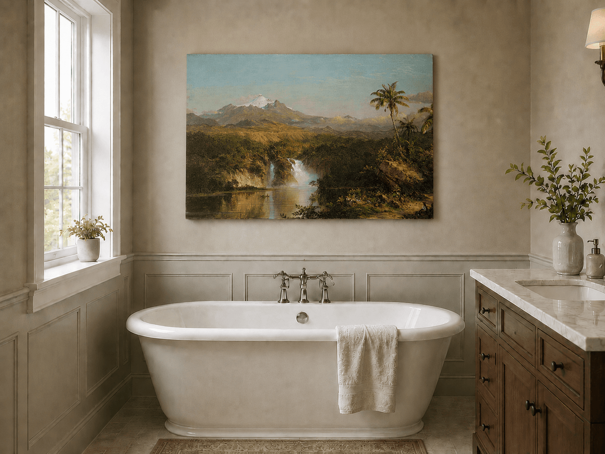 Tropical waterfall view landscape oil painting presented as styled home decor.