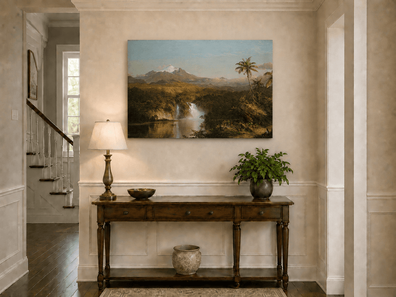Tropical waterfall landscape painting shown as decorative oil wall art.