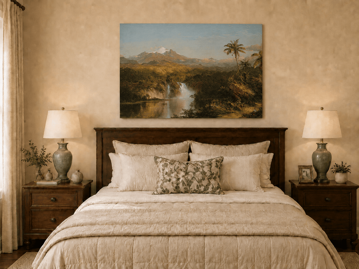 Tropical waterfall oil painting displayed as landscape wall decor.