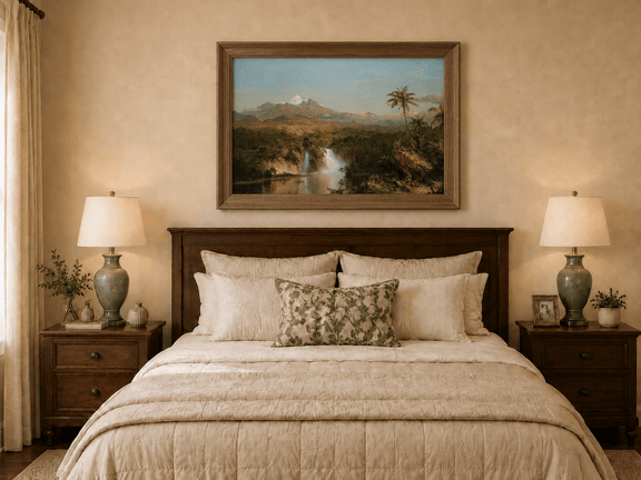 Hand-painted tropical waterfall view displayed as decorative wall art.