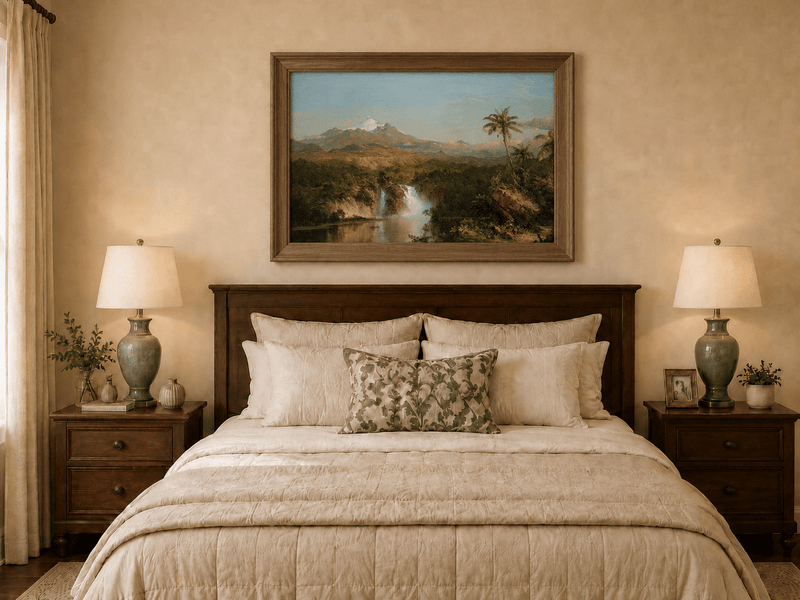 Hand-painted tropical waterfall view displayed as decorative wall art.