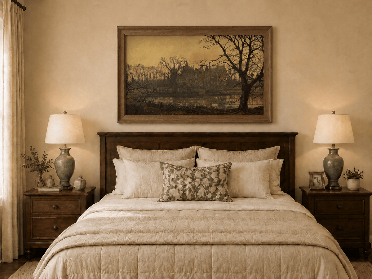 Hand-painted twilight manor reflection displayed as decorative wall art.