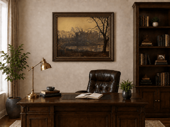 Manor reflection at twilight landscape oil painting presented in an interior wall art mockup.