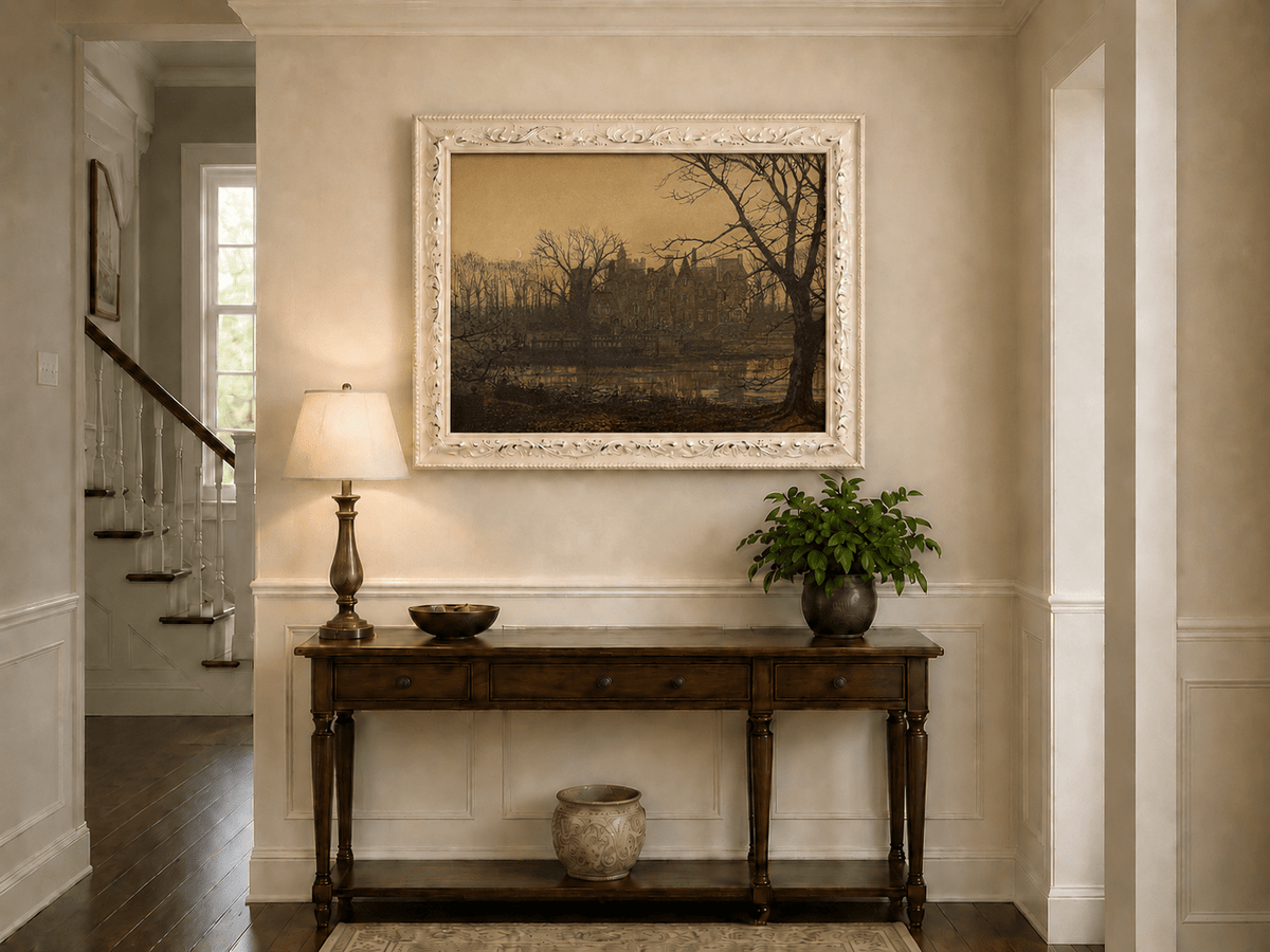Twilight manor and reflected water hand-painted oil artwork shown as home wall decor.