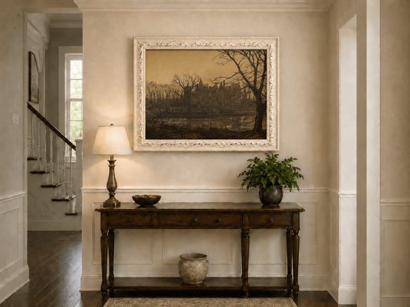 Twilight manor and reflected water hand-painted oil artwork shown as home wall decor.