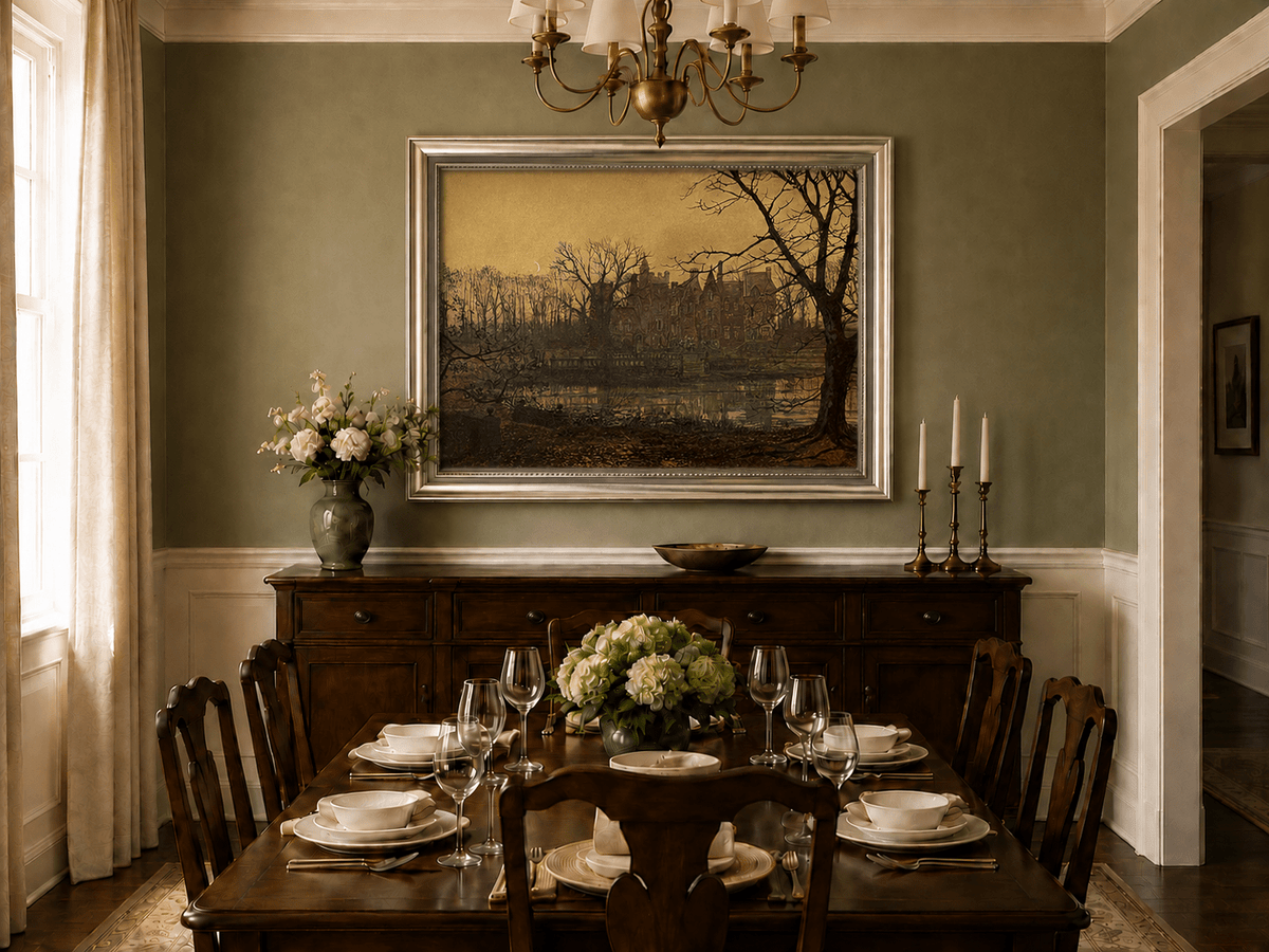 Twilight manor and reflection oil landscape artwork shown in a styled home interior.