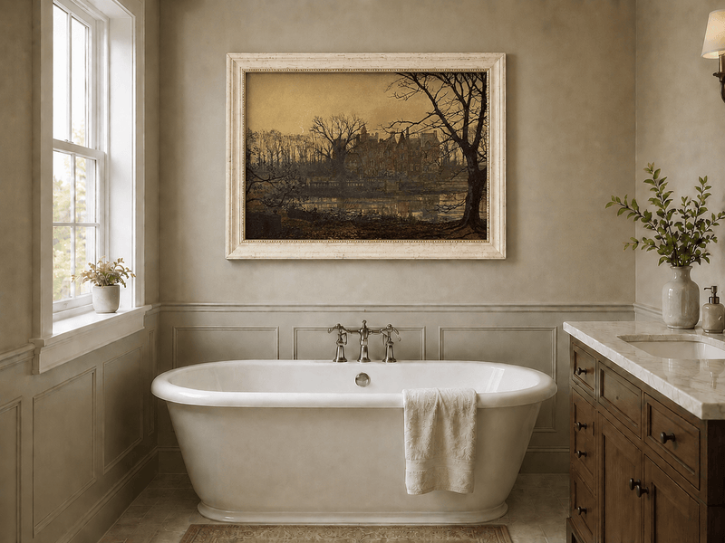 Twilight manor landscape oil painting presented as interior home decor.