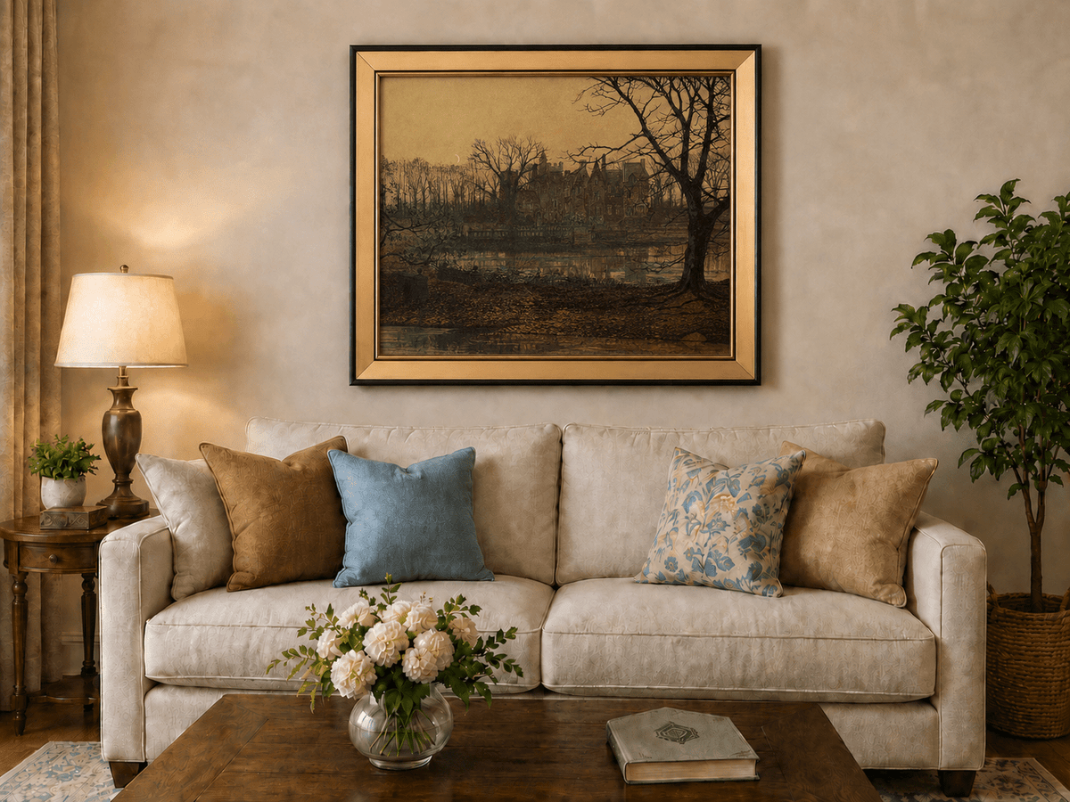 Twilight manor reflection landscape oil painting displayed in a styled home interior.