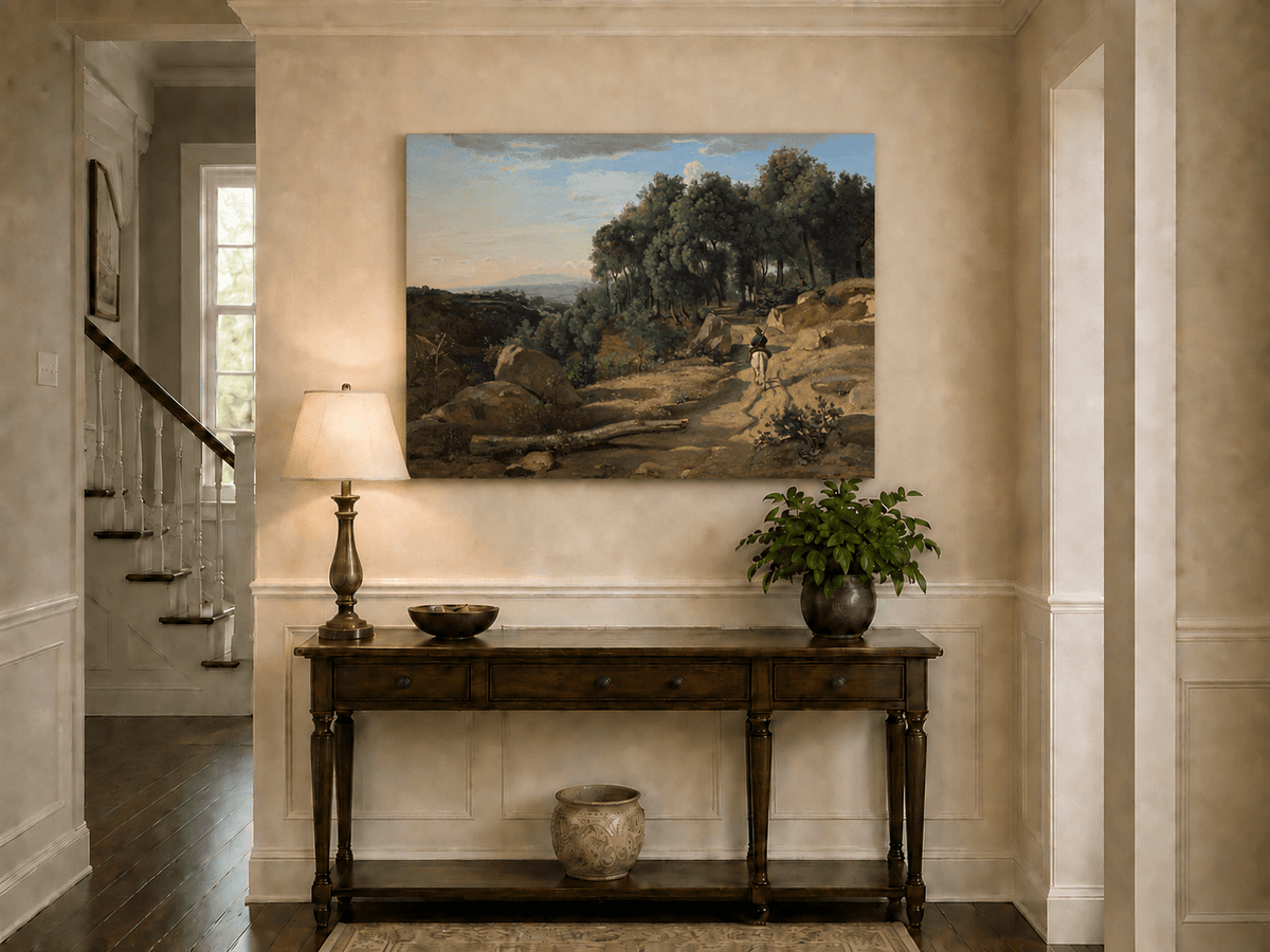 Peinture à l'huile de paysage - Village côtier avec phare et coucher de soleil