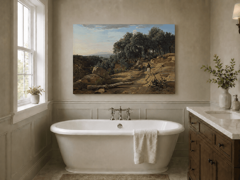 Peinture à l'huile de paysage - Village côtier avec phare et coucher de soleil