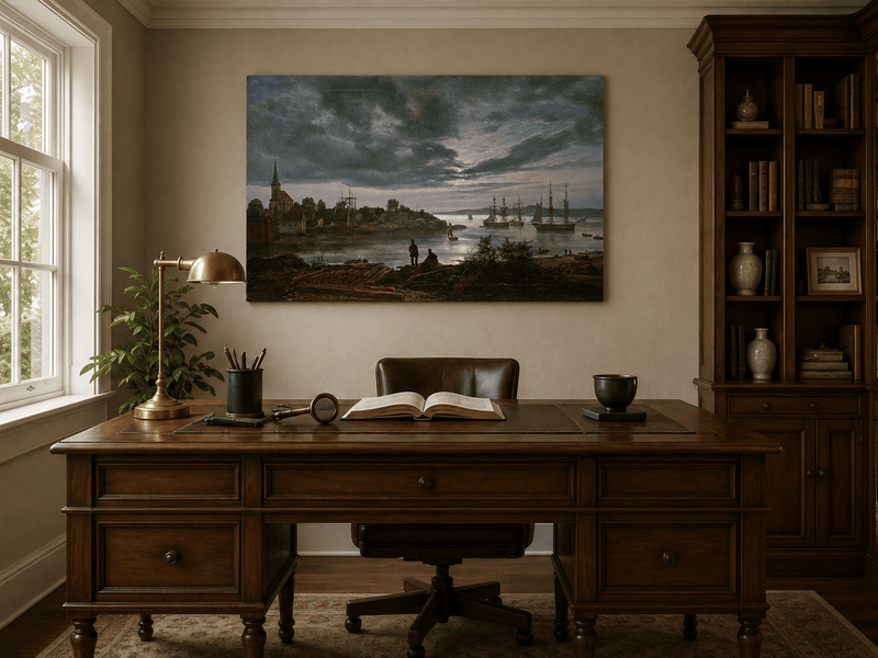 Interior wall art view featuring a harbor at dusk with sailing ships oil painting.