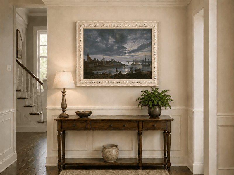 Harbor at dusk and sailing ships hand-painted oil artwork shown as home wall decor.
