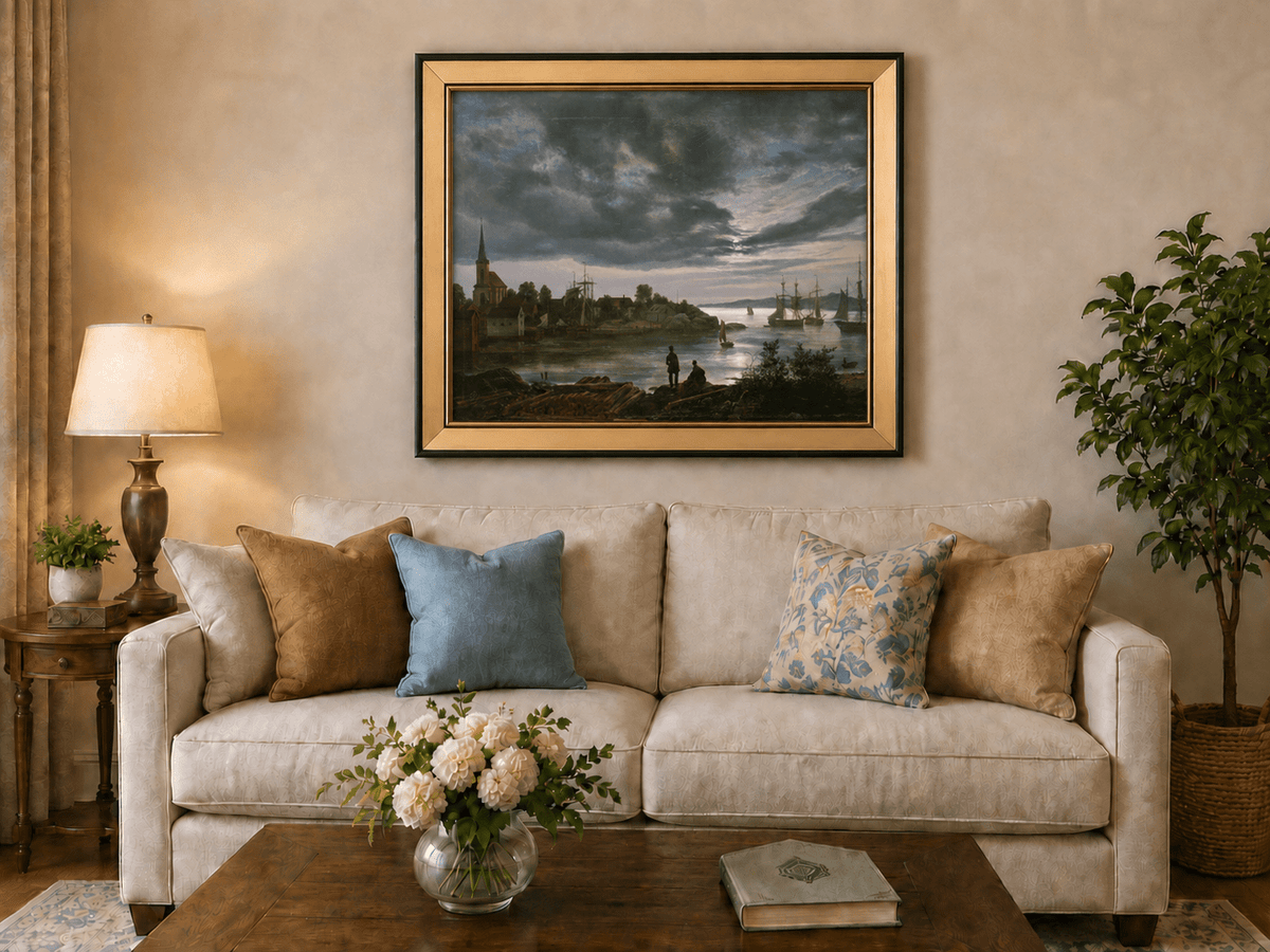 Harbor at dusk with sailing ships landscape oil painting displayed in a styled home interior.