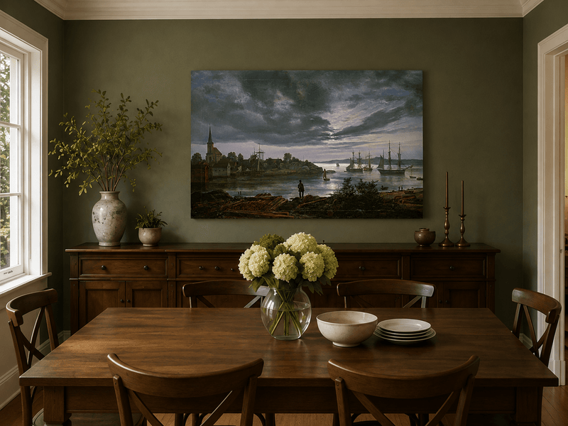 Hand-painted harbor at dusk landscape artwork in an interior display.
