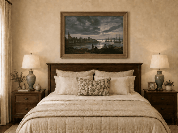 Hand-painted harbor at dusk with sailing ships displayed as decorative wall art.