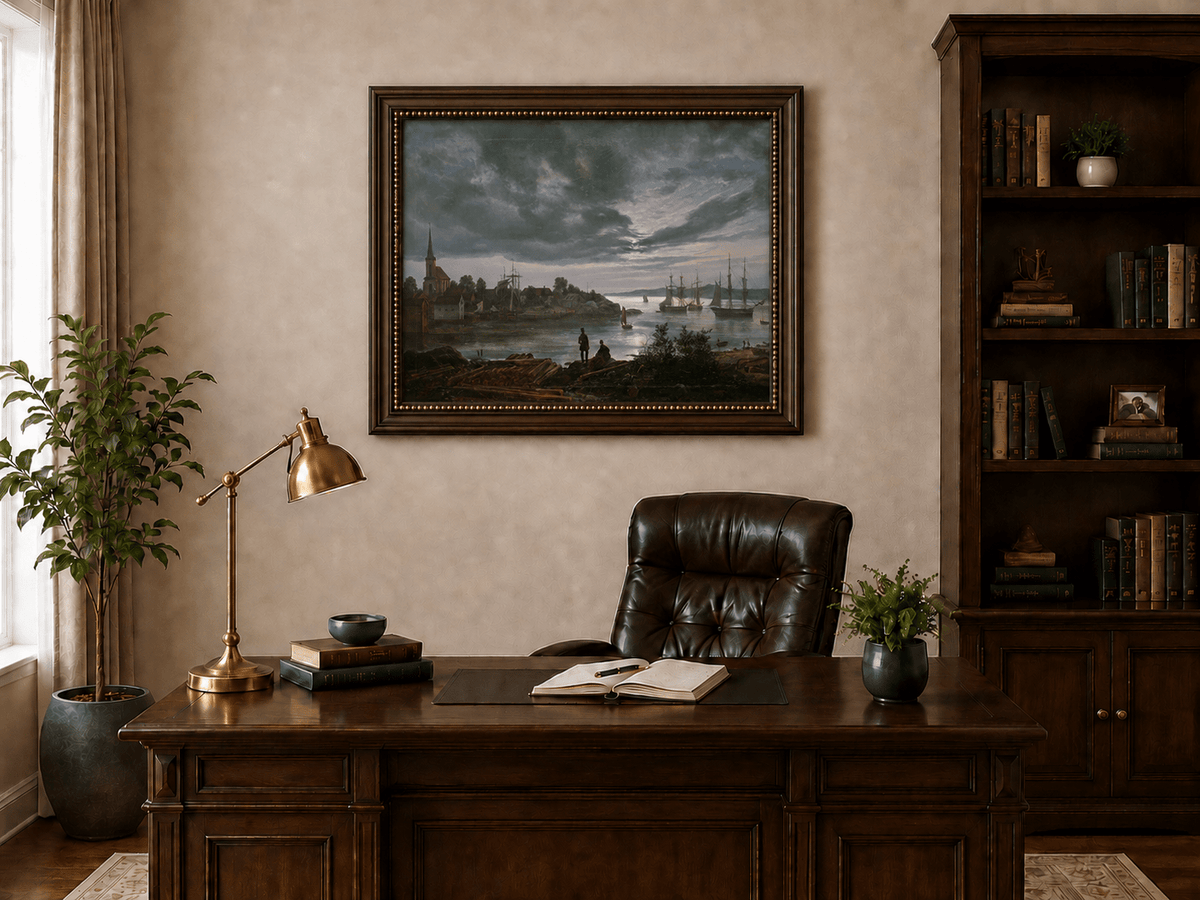 Sailing ships in a dusk harbor landscape oil painting presented in an interior wall art mockup.