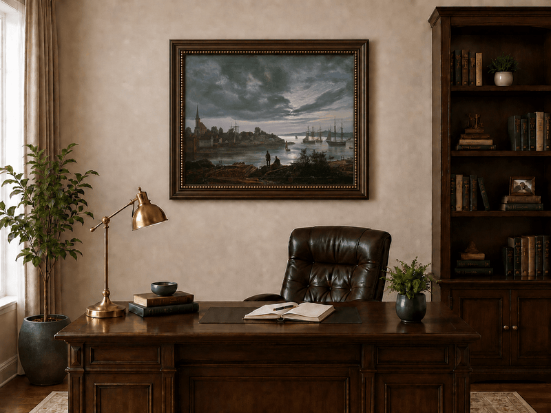 Sailing ships in a dusk harbor landscape oil painting presented in an interior wall art mockup.