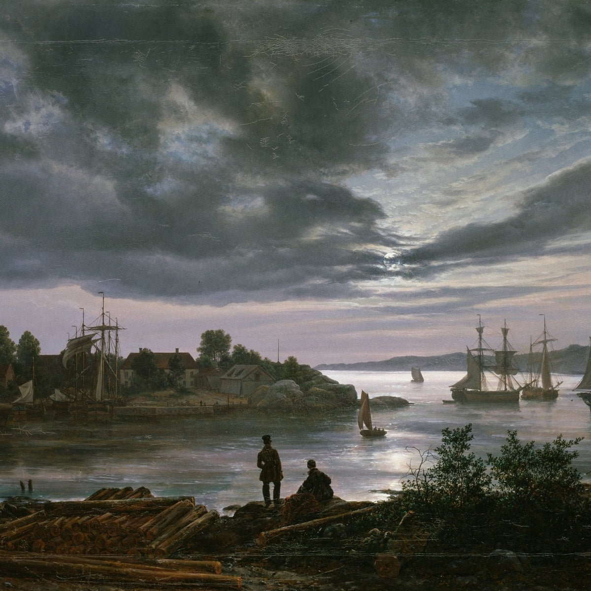 Hand painted landscape oil painting of a dusk harbor with sailing ships, textured brushwork in dark blues and grays on canvas. - Add Frame, Boat, Canvas, Coastal, Figure, Hand Painted, Harbor, Landscape, Made To Order, Oil Painting, Seascape, Sunset