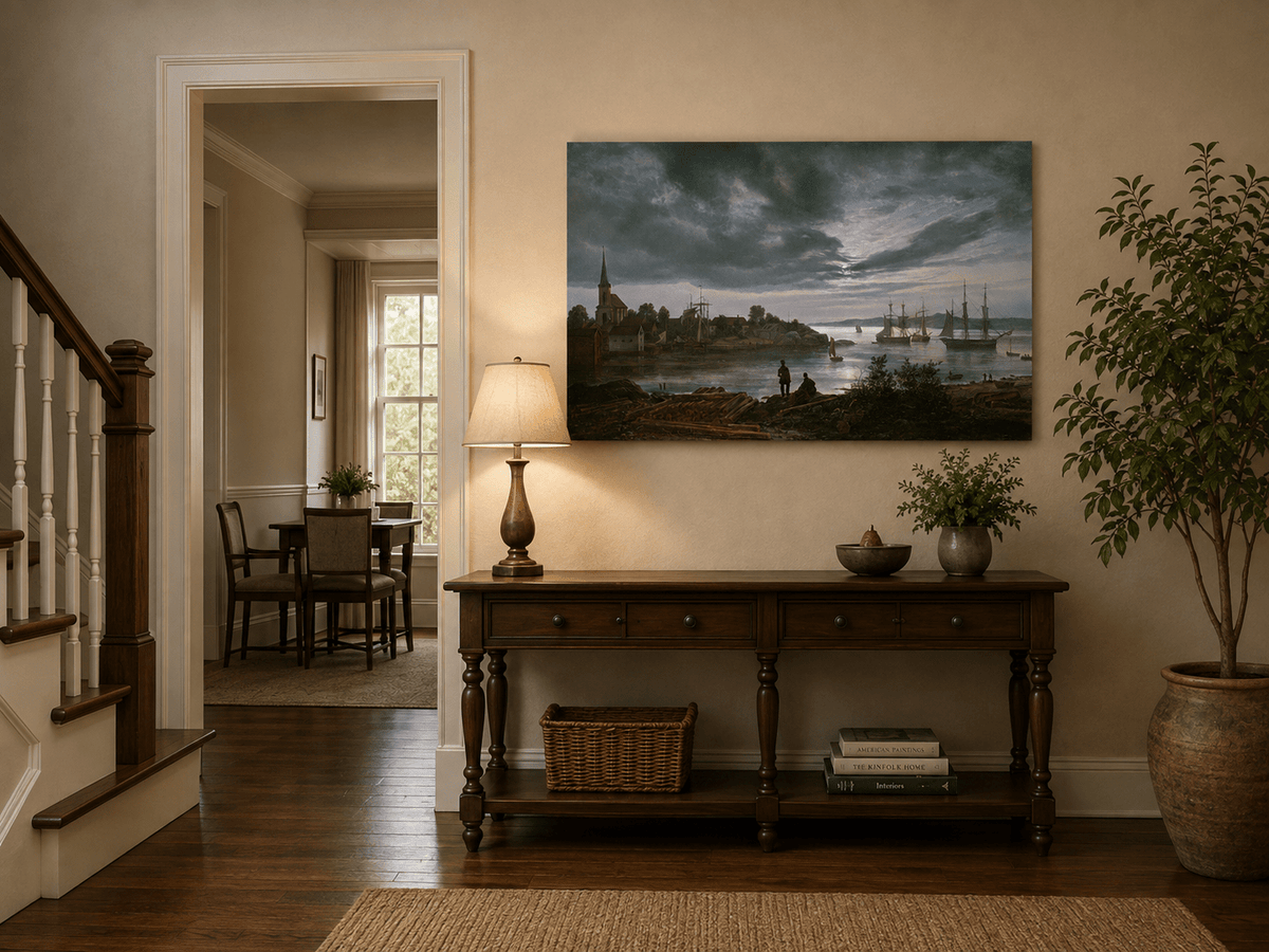 Dusk harbor landscape painting shown as decorative oil wall art.