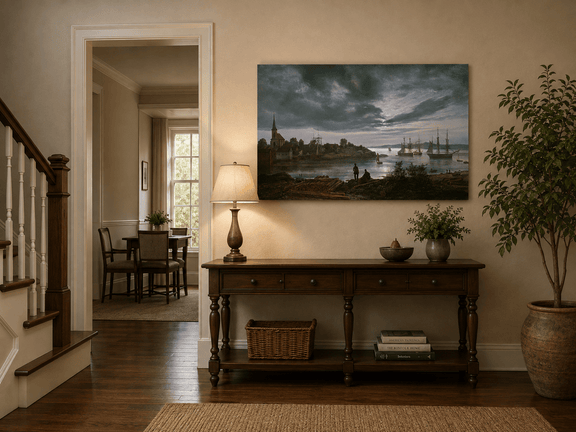 Dusk harbor landscape painting shown as decorative oil wall art.