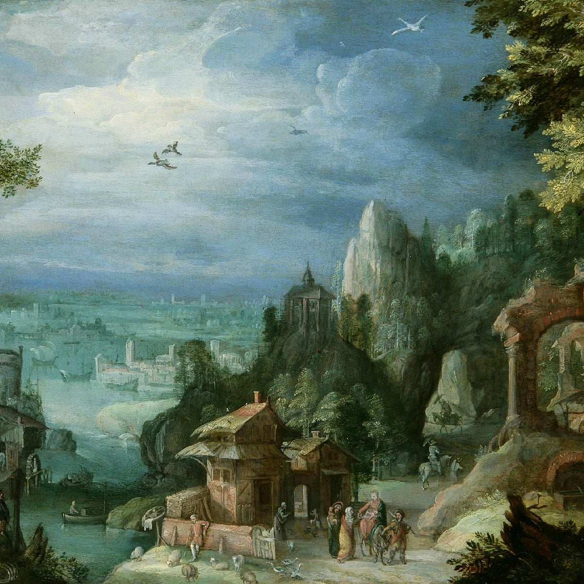 Hand-painted harbor city with ruins and cliffs landscape oil painting on canvas