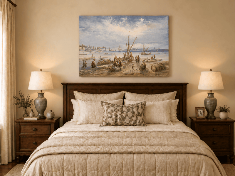 Landscape Oil Painting - Harbor Market Scene