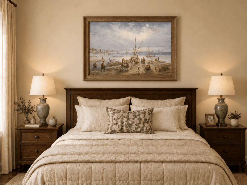 Landscape Oil Painting - Harbor Market Scene