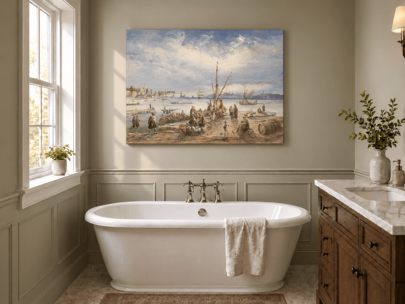 Landscape Oil Painting - Harbor Market Scene