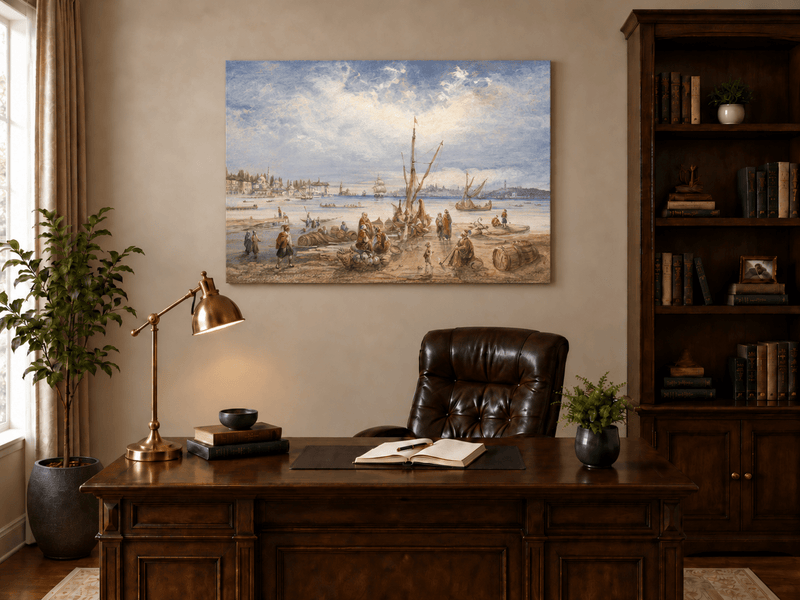 Landscape Oil Painting - Harbor Market Scene
