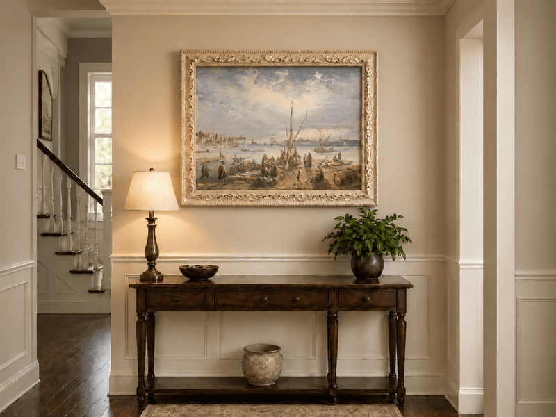 Landscape Oil Painting - Harbor Market Scene