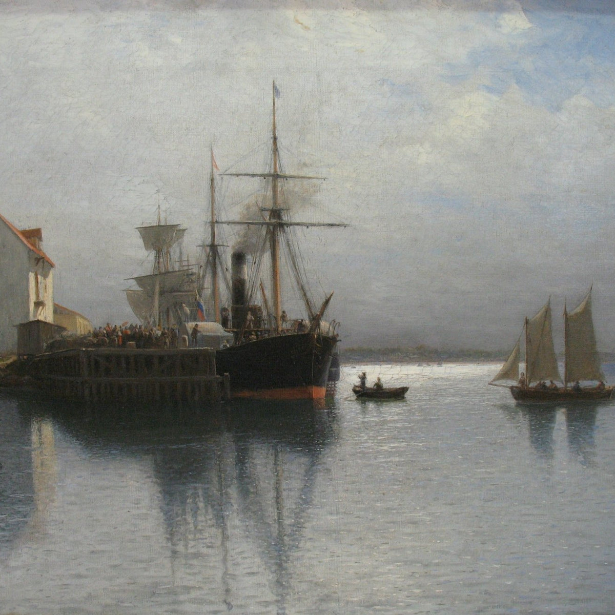 Landscape Oil Painting - Harbor Scene with Steamship and Sailboats - Oil Painting Haven