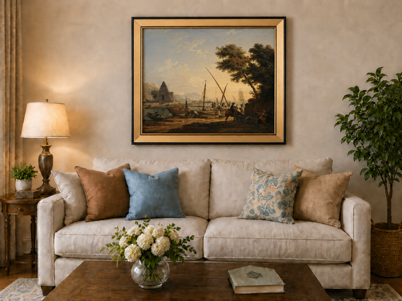 Harbor with ships and figures landscape oil painting displayed in a styled home interior.