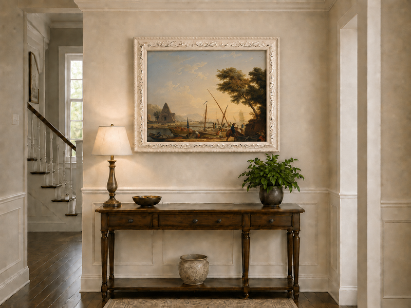 Harbor with sailing ships and figures hand-painted oil artwork shown as home wall decor.
