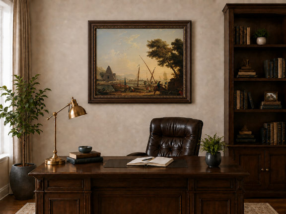 Harbor scene with ships and figures landscape oil painting presented in an interior wall art mockup.