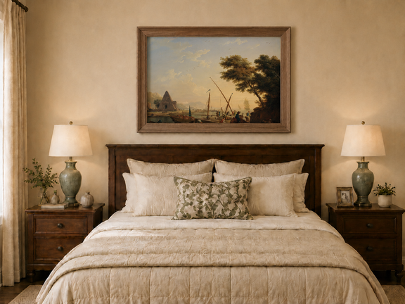 Hand-painted harbor with ships and figures displayed as decorative wall art.