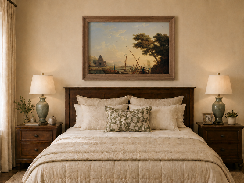 Hand-painted harbor with ships and figures displayed as decorative wall art.