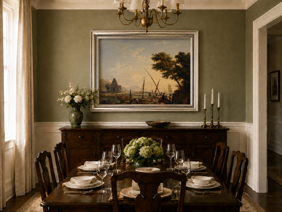 Harbor and sailing ships oil landscape artwork shown in a styled home interior.